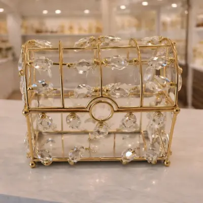 Boîte décorative en métal doré avec cristaux – Coffret élégant pour rangement et décoration