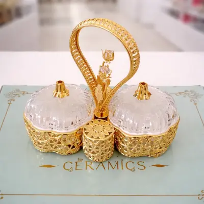 Bonbonnière double luxe – Finition dorée & couvercles cristal