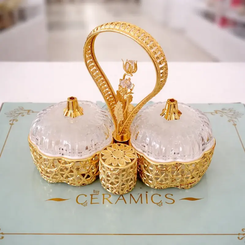 Bonbonnière double luxe – Finition dorée & couvercles cristal