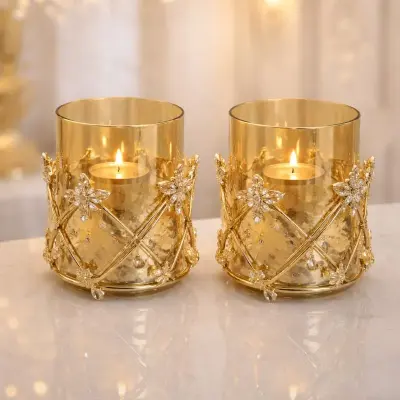 Bougeoir en verre fumé avec support doré motif feuilles