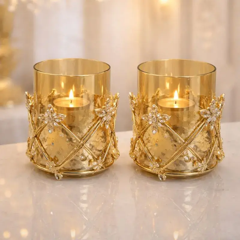 Bougeoir en verre fumé avec support doré motif feuilles