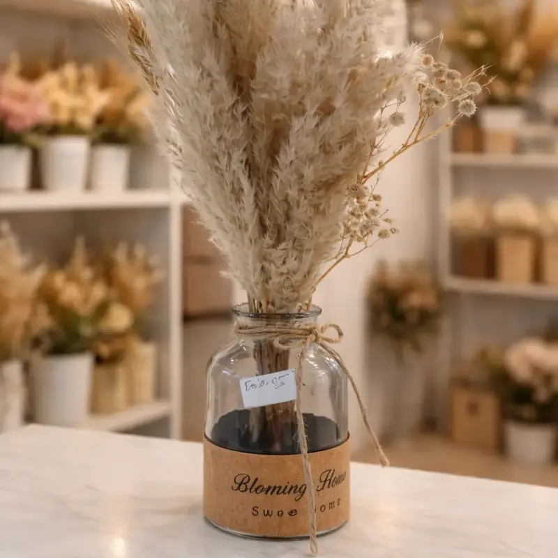 Bouquet de fleurs séchées décoratives avec vase en verre – Décoration intérieure élégante