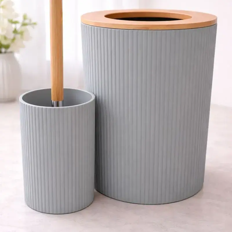 Ensemble poubelle et porte-brosse WC strié gris avec finition bois