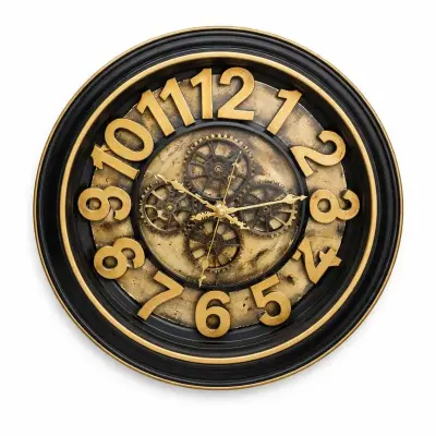 Horloge murale décorative noire et dorée avec mécanisme apparent