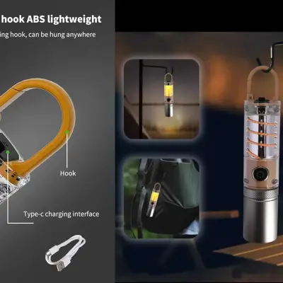 Lampe torche de camping rechargeable avec éclairage lanterne et crochet
