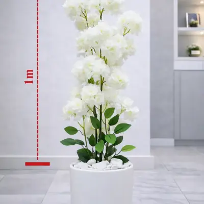 Plante artificielle décorative à fleurs blanches avec pot blanc – Hauteur 1 m