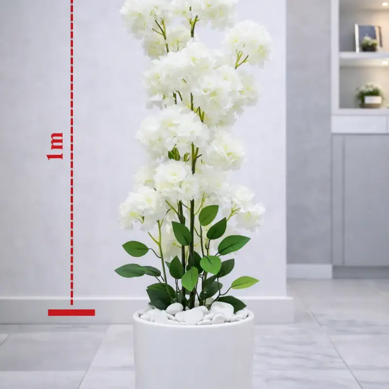 Plante artificielle décorative à fleurs blanches avec pot blanc – Hauteur 1 m