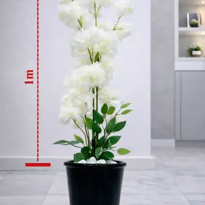 Plante artificielle décorative à fleurs blanches avec pot noir – Hauteur 1 m