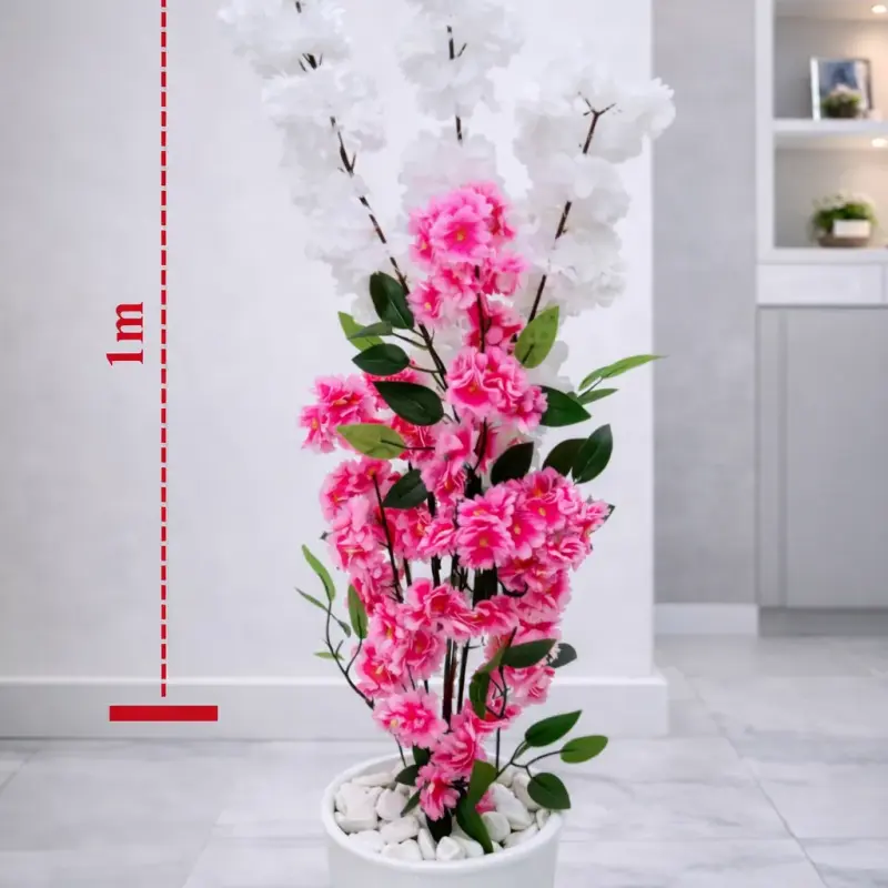 Plante artificielle décorative à fleurs blanches et roses avec pot blanc – Hauteur 1 m
