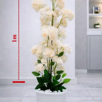 Plante artificielle décorative à fleurs crème avec pot blanc – Hauteur 1 m