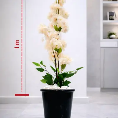 Plante artificielle décorative à fleurs crème avec pot noir – Hauteur 1 m