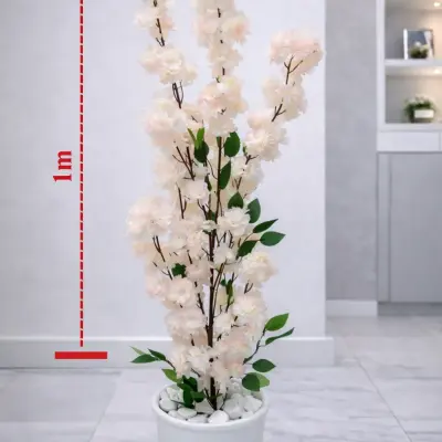 Plante artificielle décorative à fleurs rose pâle avec pot blanc – Hauteur 1 m