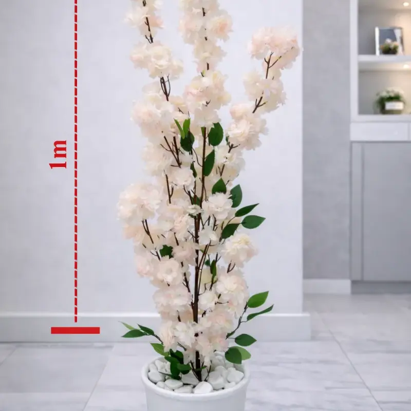 Plante artificielle décorative à fleurs rose pâle avec pot blanc – Hauteur 1 m