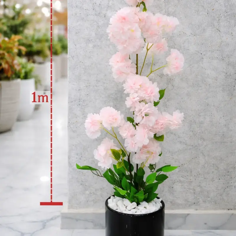 Plante artificielle décorative à fleurs rose pâle avec pot noir – Hauteur 1 m