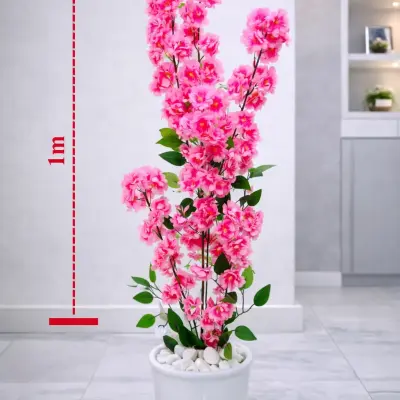 Plante artificielle décorative à fleurs roses avec pot blanc – Hauteur 1 m