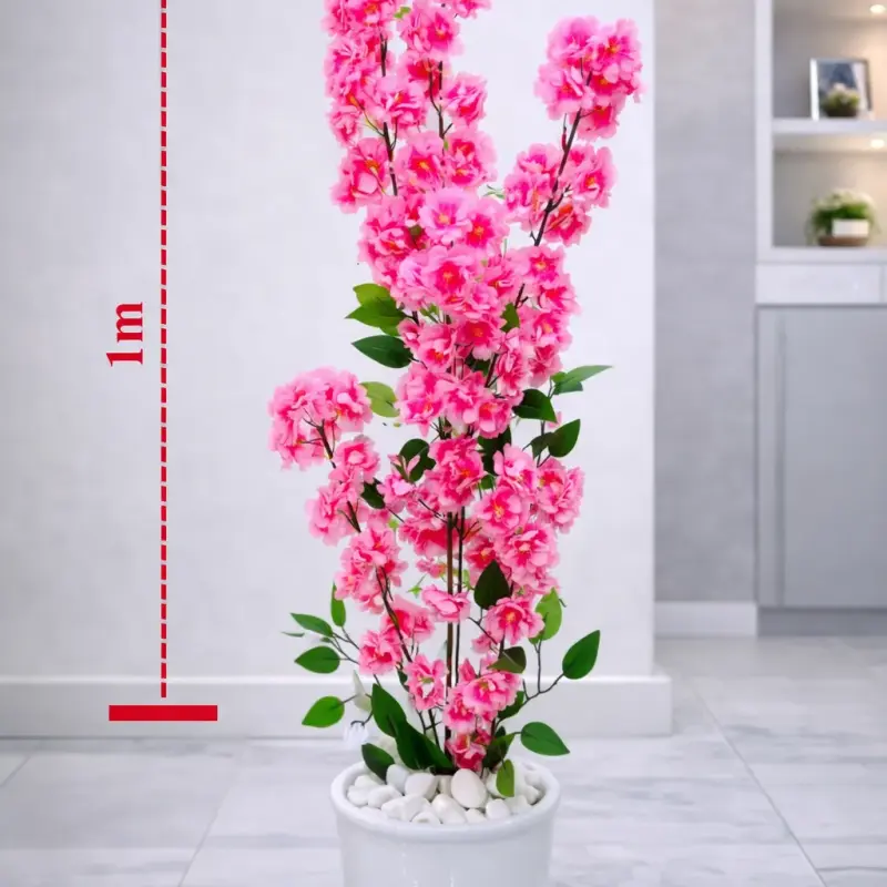 Plante artificielle décorative à fleurs roses avec pot blanc – Hauteur 1 m