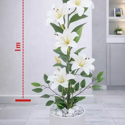 Plante artificielle décorative fleurs blanches type lys avec pot blanc – Hauteur 1 m