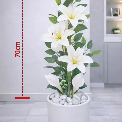 Plante artificielle décorative fleurs blanches type lys avec pot blanc – Hauteur 70 cm