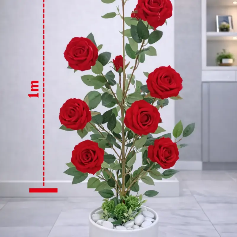 Plante artificielle décorative roses rouges avec pot blanc – Hauteur 1 m