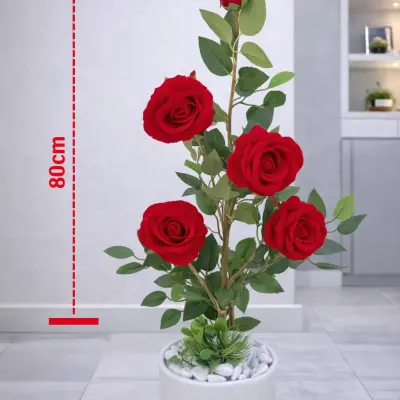 Plante artificielle décorative roses rouges avec pot blanc – Hauteur 80 cm