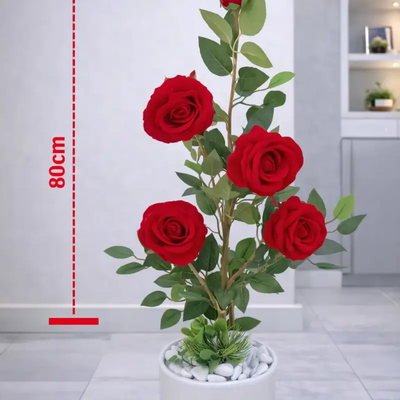 Plante artificielle décorative roses rouges avec pot blanc – Hauteur 80 cm
