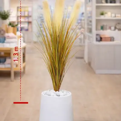 Plante artificielle décorative type herbe à plume avec pot blanc – Hauteur 1,3 m