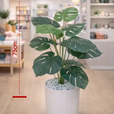 Plante artificielle décorative type monstera avec pot blanc – Hauteur 75 cm