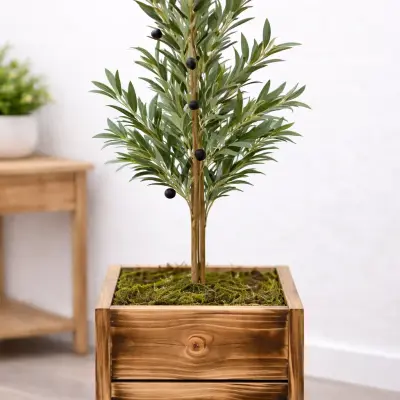 Plante artificielle décorative type olivier en bac en bois – hauteur 75 cm