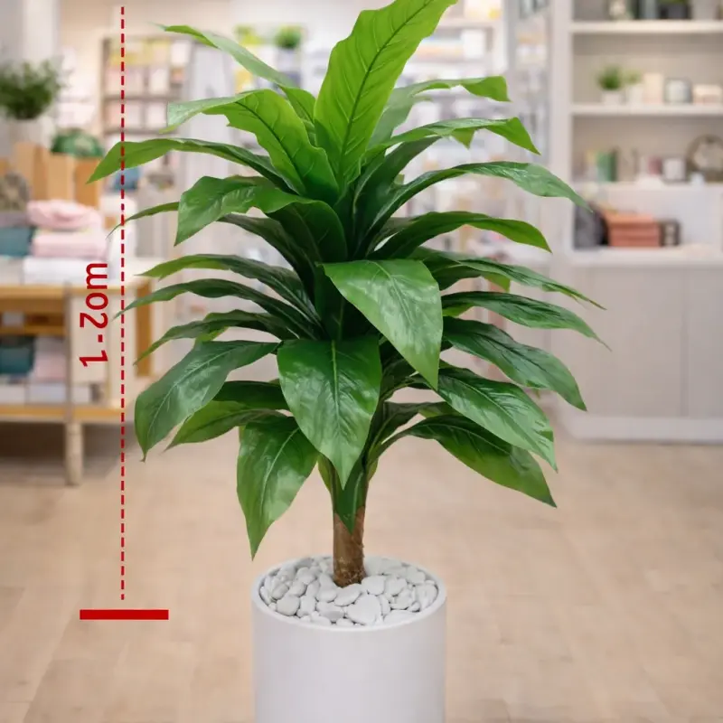Plante artificielle décorative verte avec grandes feuilles et pot blanc – Hauteur 1,20 m