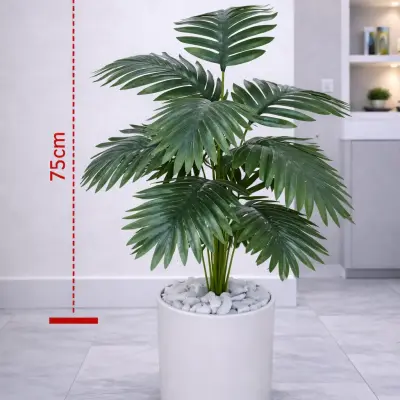 Plante artificielle décorative verte type palmier avec pot blanc – Hauteur 75 cm