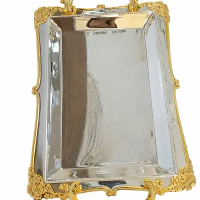 Plateau de service rectangulaire argenté avec miroir et poignées dorées