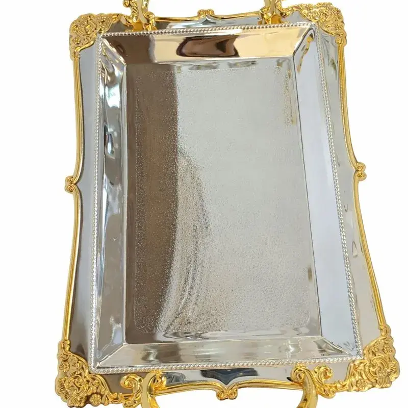 Plateau de service rectangulaire argenté avec miroir et poignées dorées