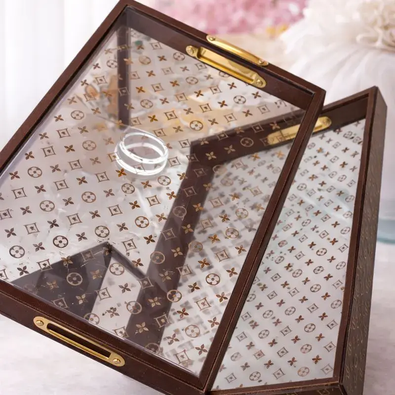 Plateau décoratif rectangulaire avec verre et poignées dorées