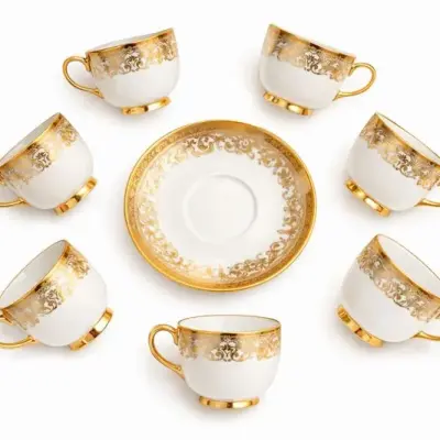 Service à café blanc et doré à motifs orientaux – 6 tasses avec soucoupes