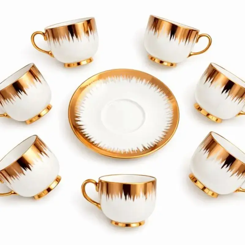 Service à café blanc et doré effet pinceau avec anses élégantes – 6 tasses et soucoupes