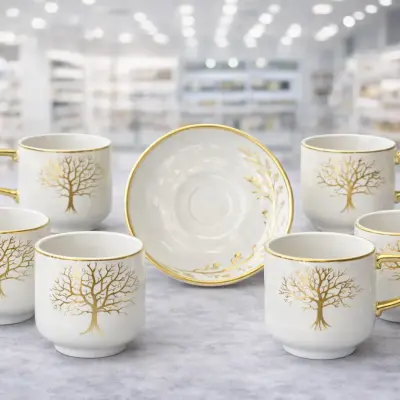 Service à café blanc et doré motif arbre élégant – tasses avec sous-tasses