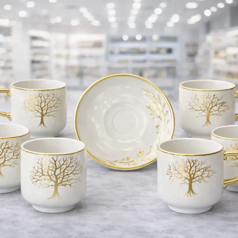 Service à café blanc et doré motif arbre élégant – tasses avec sous-tasses