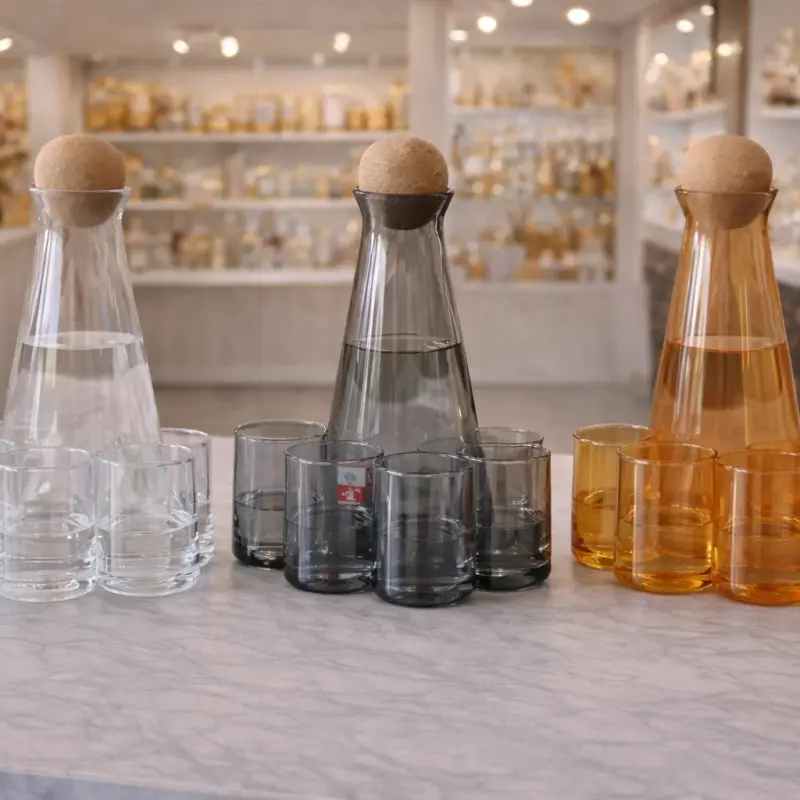 Service à eau en verre 6 pièces avec carafe et bouchon en liège – Design élégant