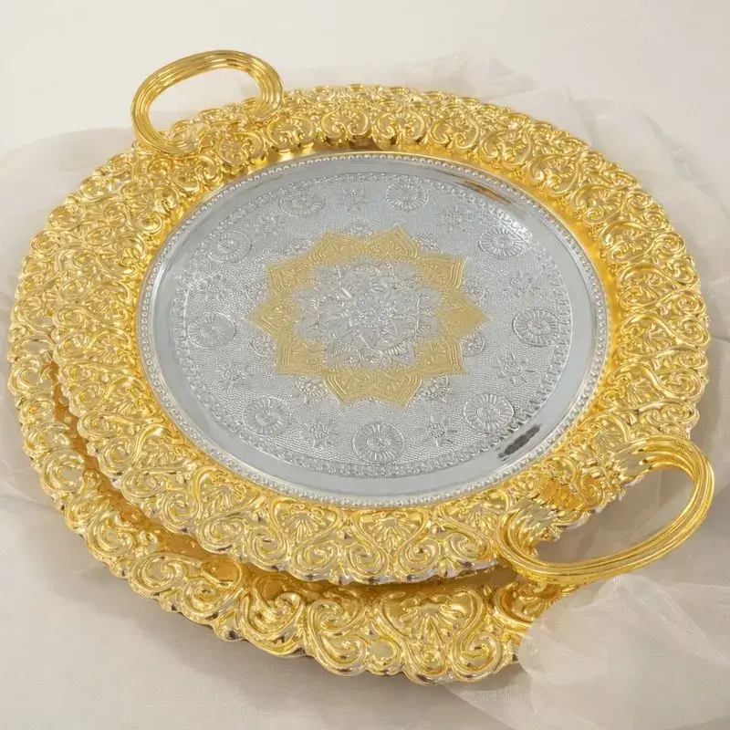 Service de plats décoratifs ronds dorés avec plateau miroir et pinces