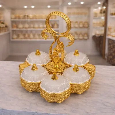 Service de présentation en verre et métal doré avec couvercles – Plateau élégant pour table et réception