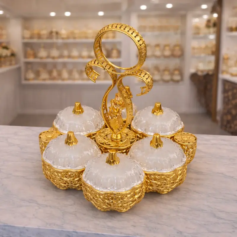 Service de présentation en verre et métal doré avec couvercles – Plateau élégant pour table et réception