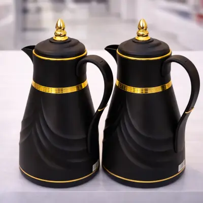 Thermos isotherme noir luxe avec couvercle doré – Élégance premium